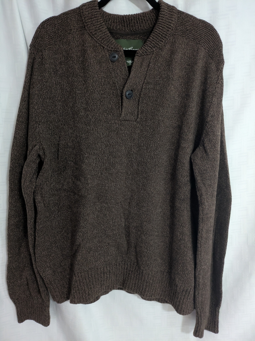 Eddie Bauer Men XL Brown Chunky Knit Henley Sweater 100% Cotton Pullover